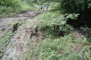 開墾された牧草地から流れ出した水が作業用の道路を川のようになって流れ、道路を浸食し、川に面した斜面を流れ落ち、斜面を崩壊させていた。