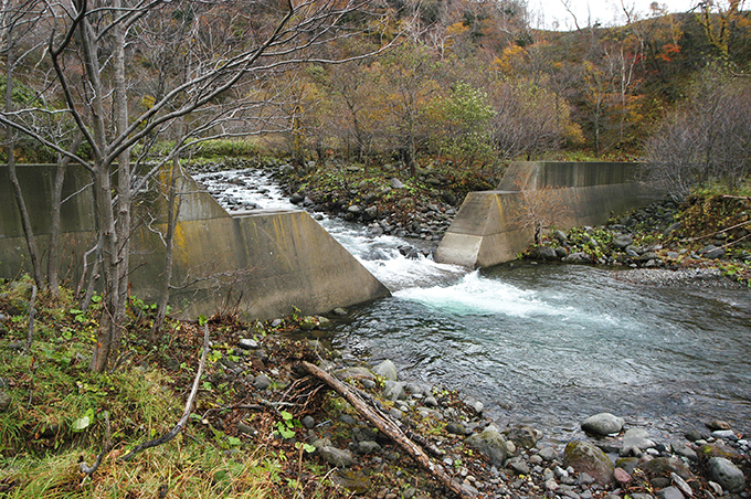 やはり治山ダムがあった。逆台形型に大きく開いた治山ダムだが、ダムのすぐ下は川底が掘られて、深くなっていた。さらに年月が経てば段差ができるだろう。