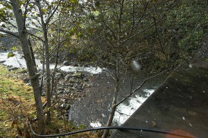 治山ダム直下。どこのダムでも同じことだが、川底が下がり、川岸が崩れている。