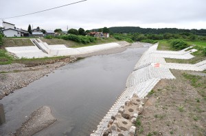 糠野橋の下流側は既に川幅を広げていた。右護岸に農業用取水口が見える。2010年7月01日。
