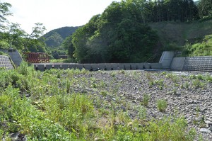 下流にもスリットダムが建設されている。そのすぐ上流には鋼鉄製のアングルが組まれたアングルダムがセットで設置されている。