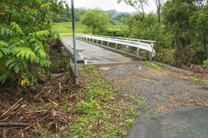 橋を乗り越える水位があり、左側の欄干は流されていた。
