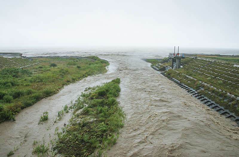案の定、泥川になっていた。まさに、ダムがある川の特徴である。2014年8月5日。