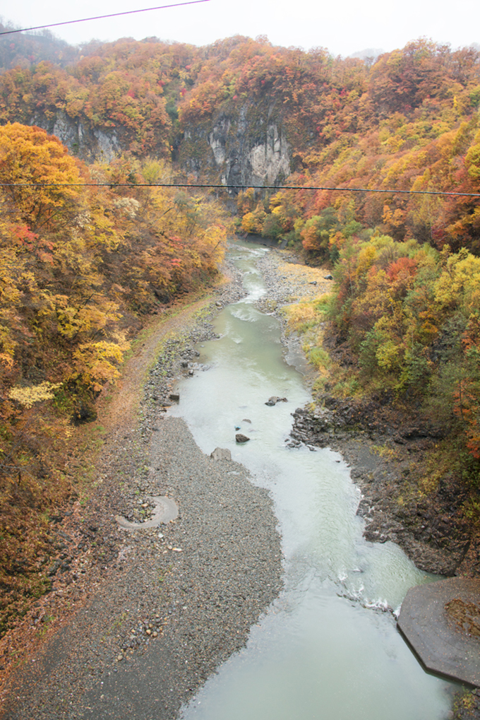 岩知志ダムの下流側。小ぶりの砂利ばかりが目立つ。急峻な川には巨石があるはずである。この川にあった巨石はいったいどこへ消えたのだろうか。