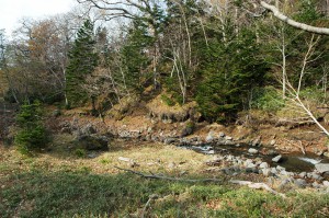 川底が下がり、山の斜面がズリ落ちそうになっている。砂山崩しと全く同じ原理で山の斜面が崩れる。撮影：2009年10月３1日