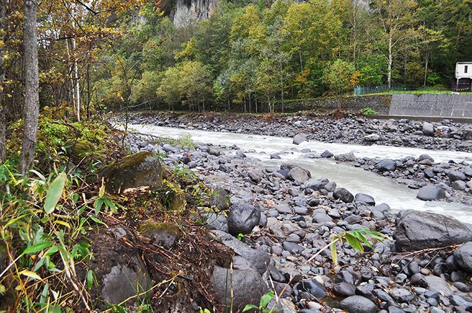 】巨石が少なく、川岸が崩れ、垂直になっているのが目立つ。水は草木のところまで達していないことにも注目ください。